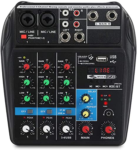 Professional 4-Channel Mixing Console AUX Paths Plus Effects Processor